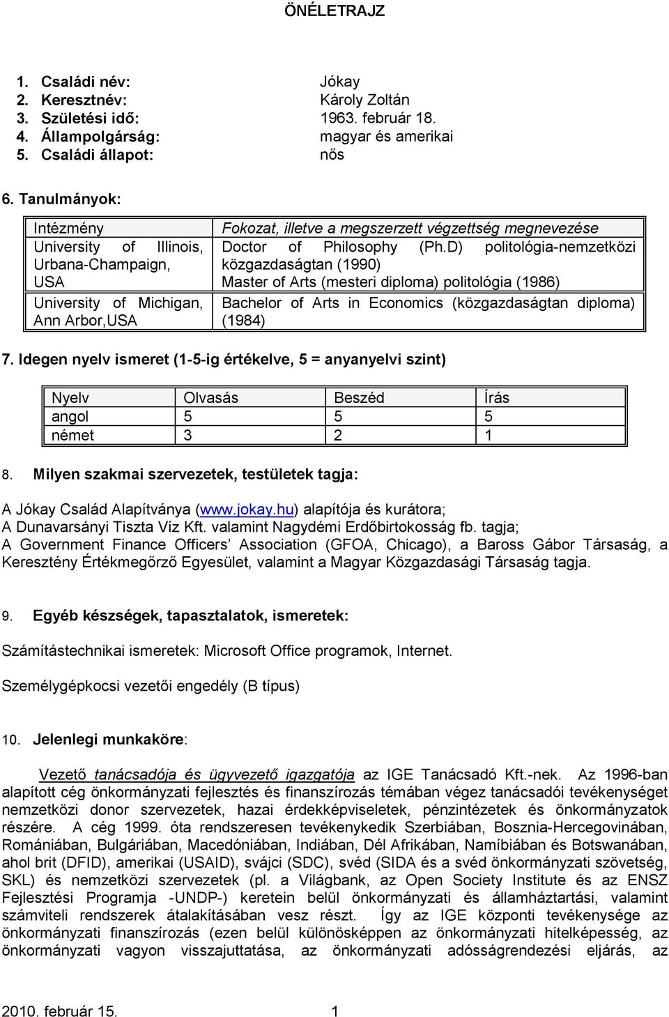 D) politológia-nemzetközi közgazdaságtan (1990) Master of Arts (mesteri diploma) politológia (1986) Bachelor of Arts in Economics (közgazdaságtan diploma) (1984) 7.