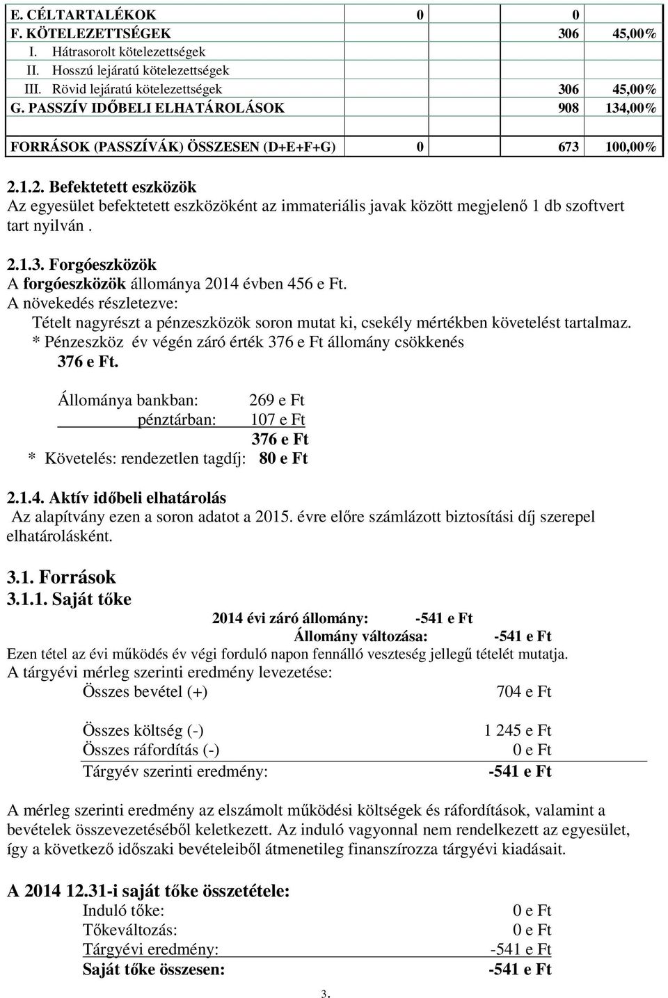 1.2. Befektetett eszközök Az egyesület befektetett eszközöként az immateriális javak között megjelenő 1 db szoftvert tart nyilván. 2.1.3. Forgóeszközök A forgóeszközök állománya 2014 évben 456 e Ft.