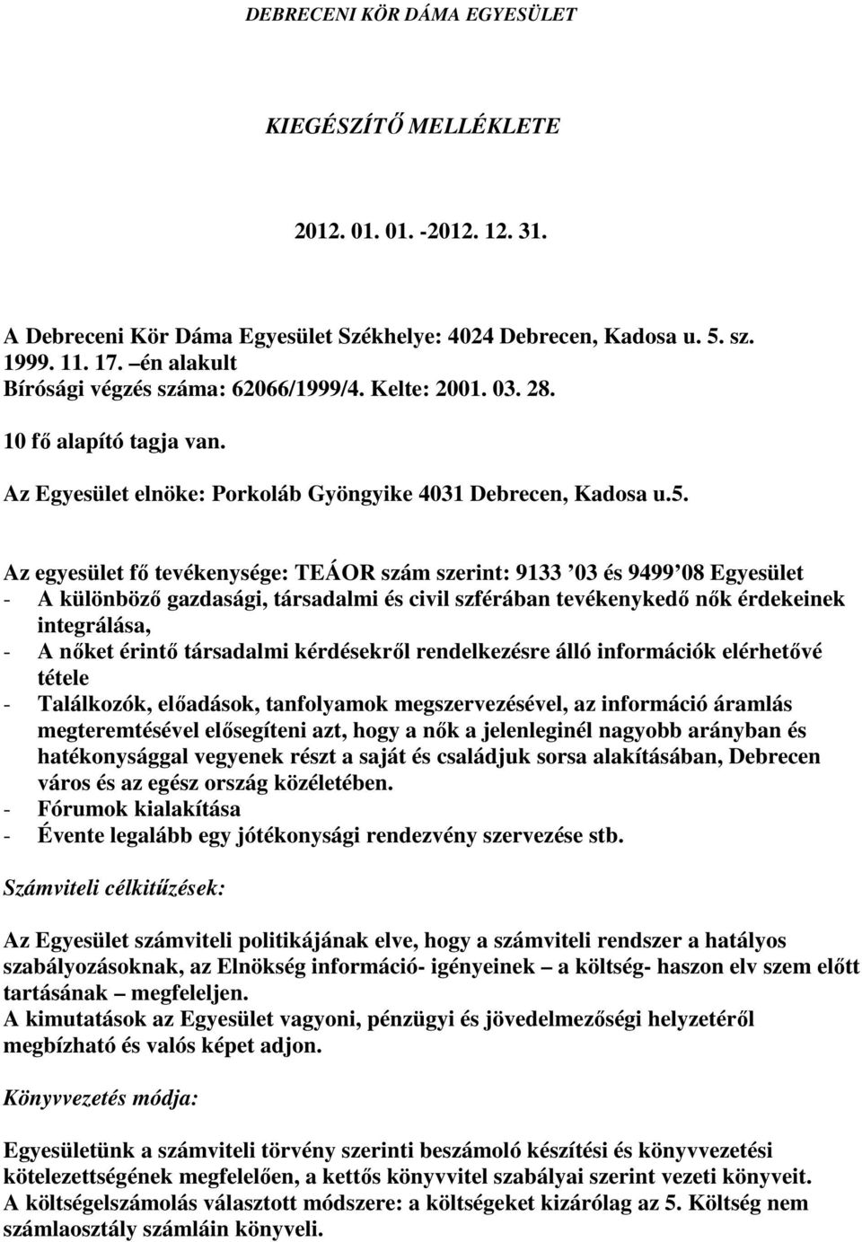 Az egyesület fő tevékenysége: TEÁOR szám szerint: 9133 03 és 9499 08 Egyesület - A különböző gazdasági, társadalmi és civil szférában tevékenykedő nők érdekeinek integrálása, - A nőket érintő