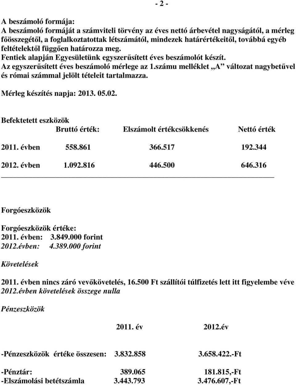 számu melléklet A változat nagybetűvel és római számmal jelölt tételeit tartalmazza. Mérleg készítés napja: 2013. 05.02. Befektetett eszközök Bruttó érték: Elszámolt értékcsökkenés Nettó érték 2011.