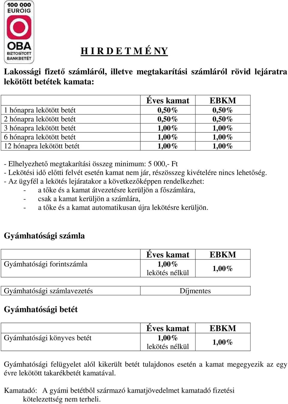 előtti felvét esetén kamat nem jár, részösszeg kivételére nincs lehetőség.