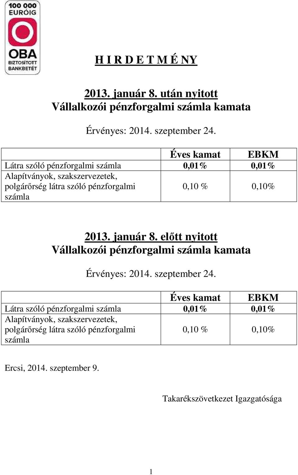 0,10% 2013. január 8. előtt nyitott Vállalkozói pénzforgalmi számla kamata Érvényes: 2014. szeptember 24.  0,10% Ercsi, 2014. szeptember 9.