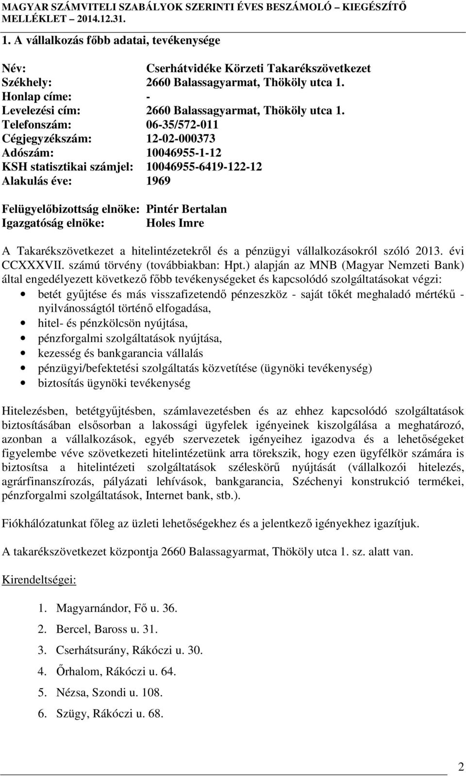 Telefonszám: 06-35/572-011 Cégjegyzékszám: 12-02-000373 Adószám: 10046955-1-12 KSH statisztikai számjel: 10046955-6419-122-12 Alakulás éve: 1969 Felügyelıbizottság elnöke: Pintér Bertalan Igazgatóság