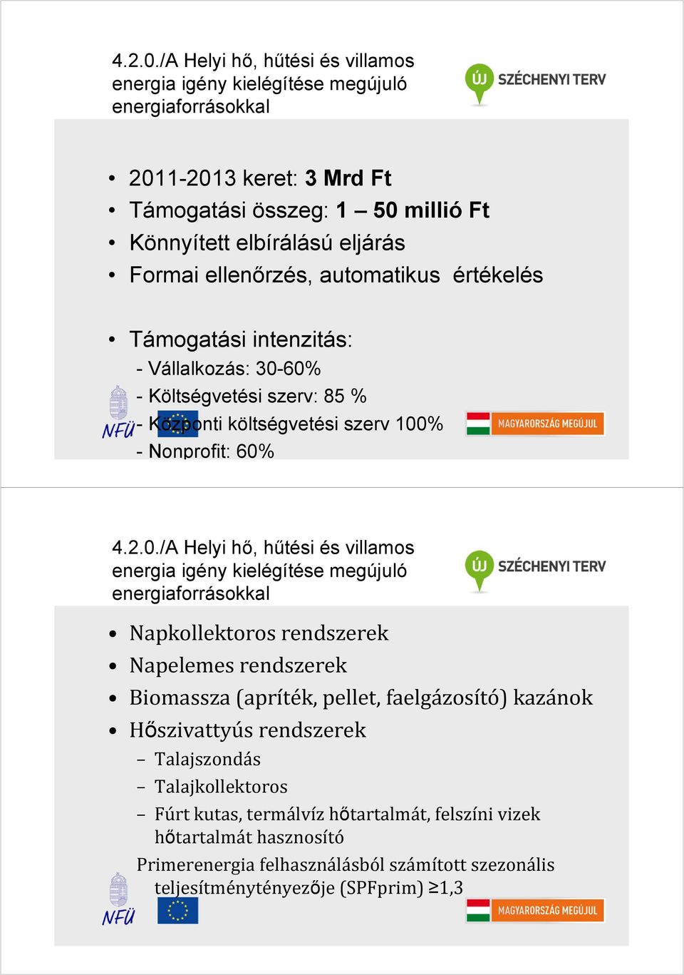 ellenőrzés, automatikus értékelés Támogatási intenzitás: - Vállalkozás: 30-60% - Költségvetési szerv: 85 % - Központi költségvetési szerv 100% - Nonprofit: 60% /A Helyi hő, hűtési és