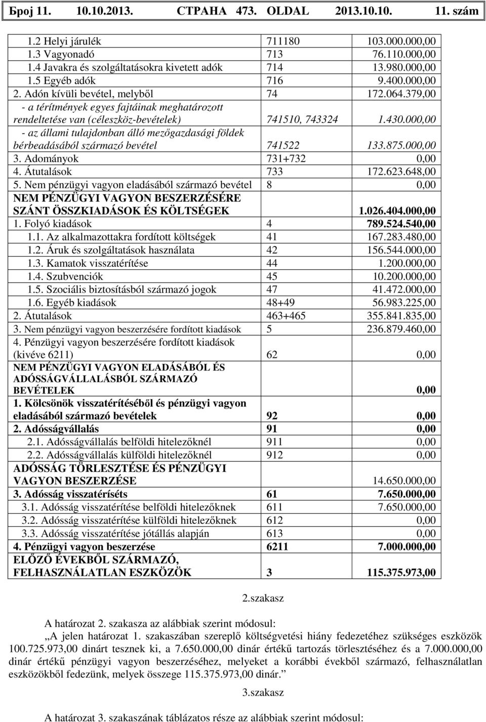 000,00 - az állami tulajdonban álló mezőgazdasági földek bérbeadásából származó bevétel 741522 133.875.000,00 3. Adományok 731+732 0,00 4. Átutalások 733 172.623.648,00 5.