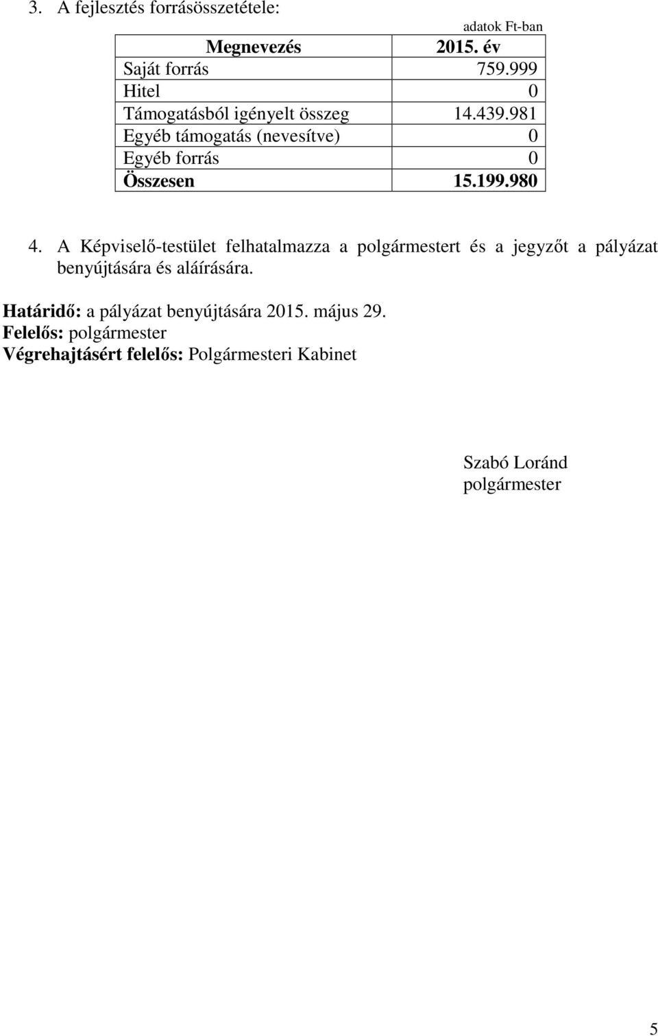 980 4. A Képviselő-testület felhatalmazza a polgármestert és a jegyzőt a pályázat benyújtására és aláírására.