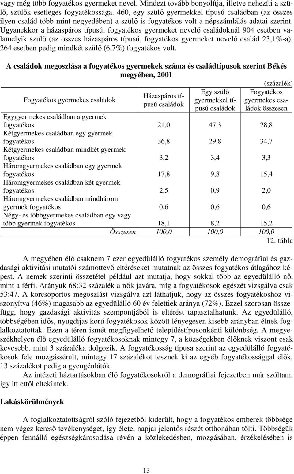 Ugyanekkor a házaspáros típusú, fogyatékos gyermeket nevelı családoknál 904 esetben valamelyik szülı (az összes házaspáros típusú, fogyatékos gyermeket nevelı család 23,1%-a), 264 esetben pedig