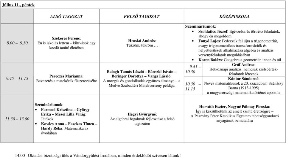 45 Balogh Tamás László Bánszki István 10.30 Beringer Dorottya Varga László: A mozgás és gondolkodás együttes élménye a Medve Szabadtéri Matekverseny példája 10.30 11.