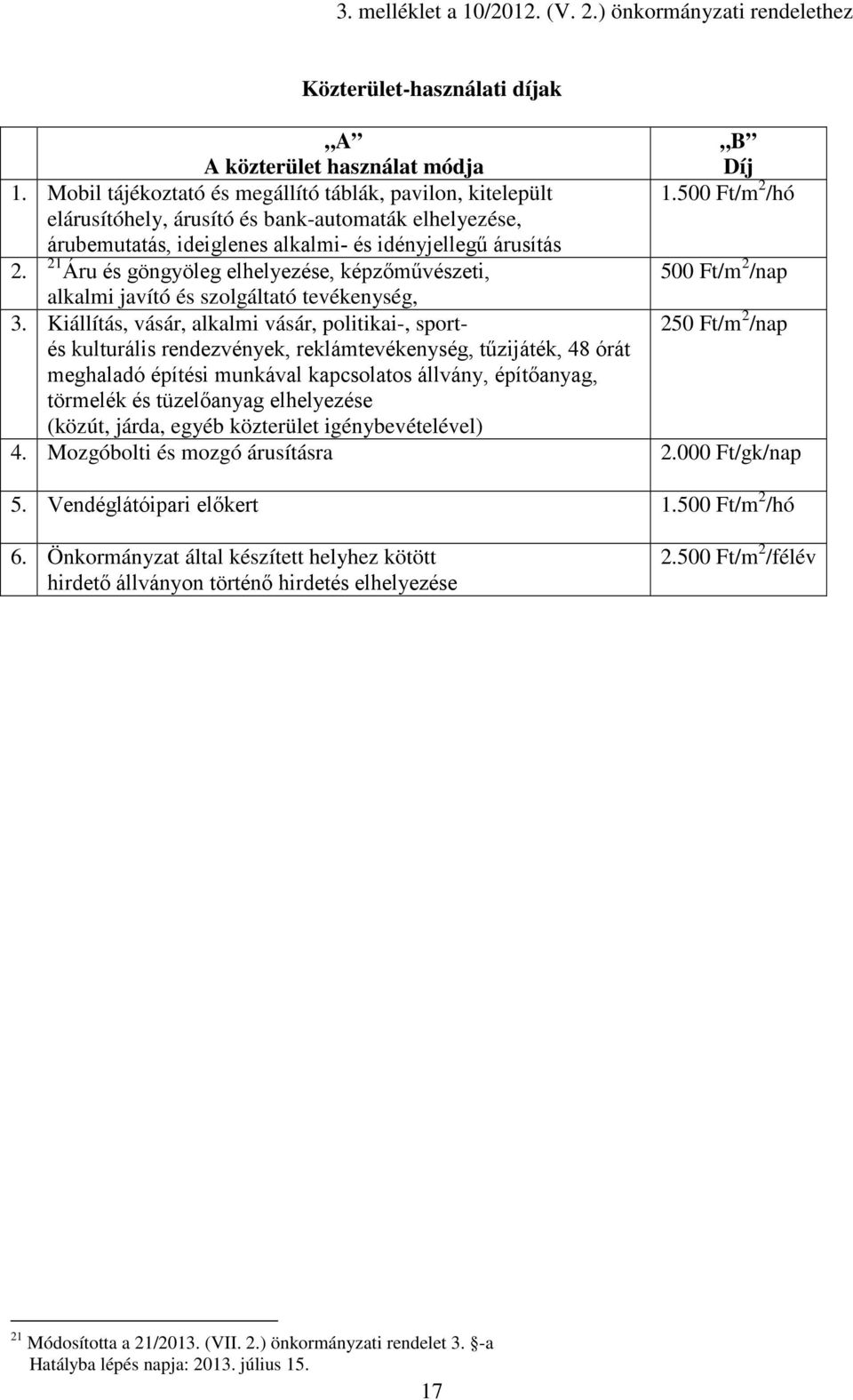 21 Áru és göngyöleg elhelyezése, képzőművészeti, 500 Ft/m 2 /nap alkalmi javító és szolgáltató tevékenység, 3.