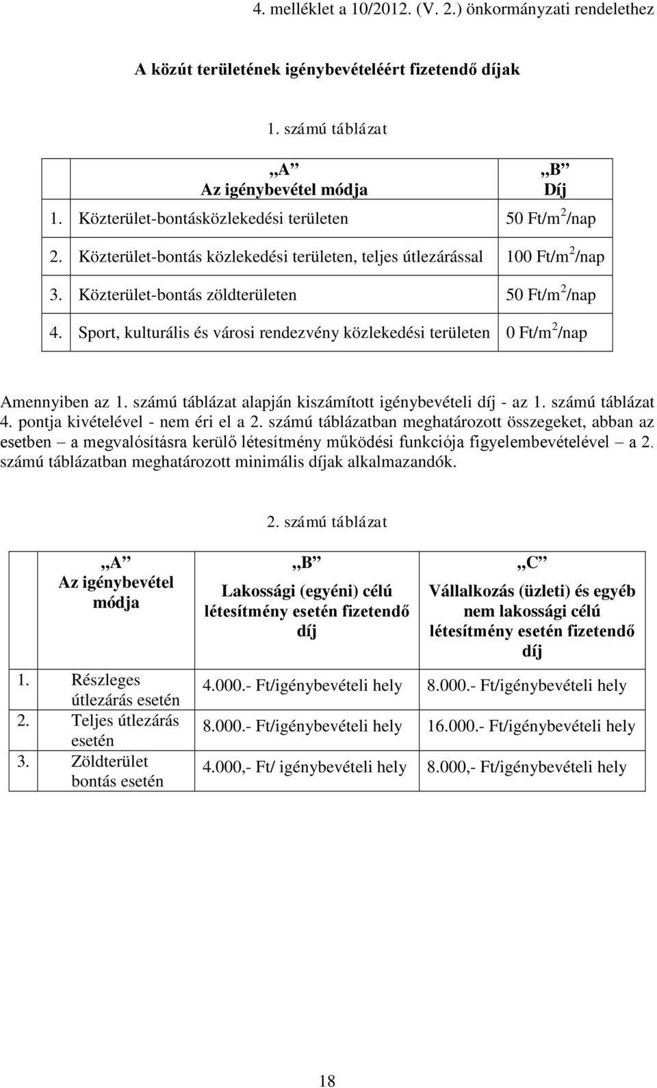 Sport, kulturális és városi rendezvény közlekedési területen 0 Ft/m 2 /nap Amennyiben az 1. számú táblázat alapján kiszámított igénybevételi díj - az 1. számú táblázat 4.
