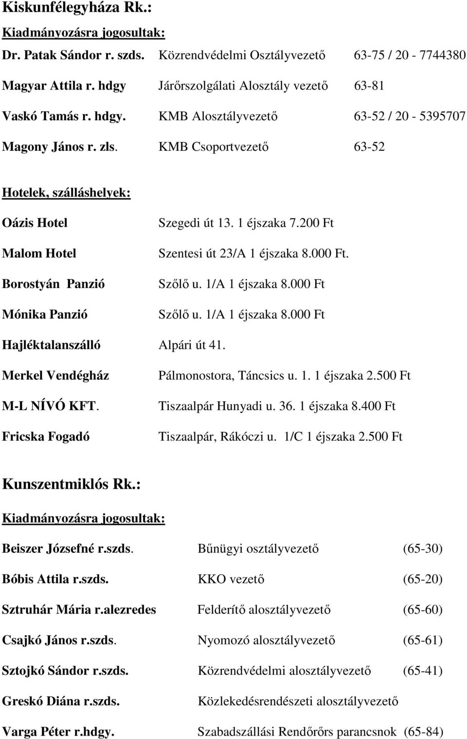 200 Ft Szentesi út 23/A 1 éjszaka 8.000 Ft. Szőlő u. 1/A 1 éjszaka 8.000 Ft Szőlő u. 1/A 1 éjszaka 8.000 Ft Hajléktalanszálló Alpári út 41. Merkel Vendégház M-L NÍVÓ KFT.