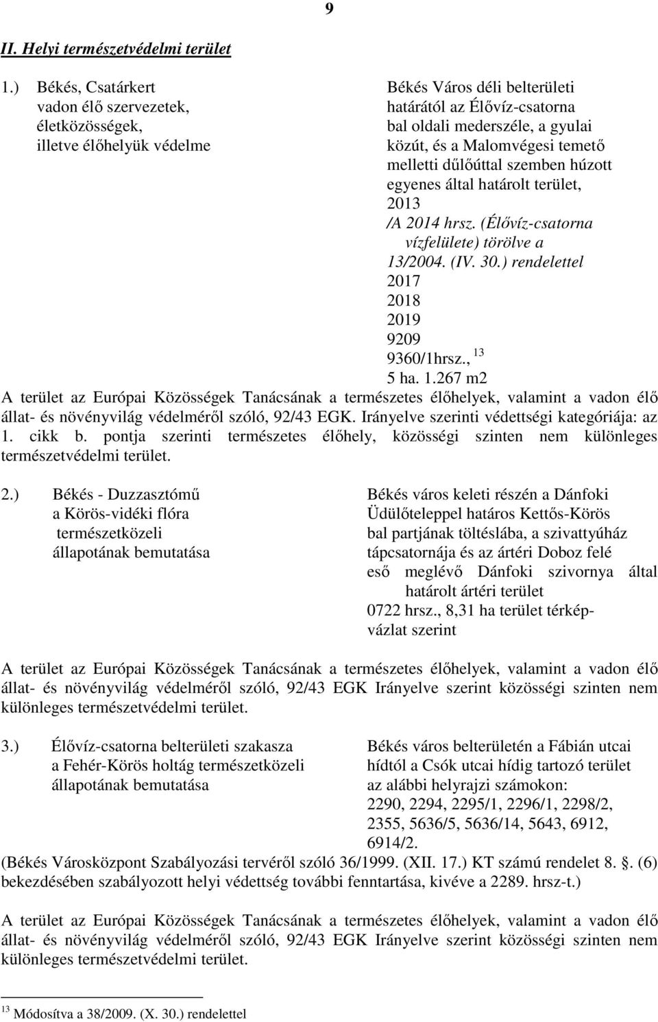 temető melletti dűlőúttal szemben húzott egyenes által határolt terület, 2013 /A 2014 hrsz. (Élővíz-csatorna vízfelülete) törölve a 13/2004. (IV. 30.) rendelettel 2017 2018 2019 9209 9360/1hrsz.