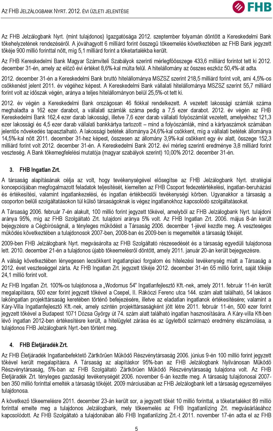 Az FHB Kereskedelmi Bank Magyar Számviteli Szabályok szerinti mérlegfőösszege 433,6 milliárd forintot tett ki 2012. december 31-én, amely az előző évi értéket 8,6%-kal múlta felül.