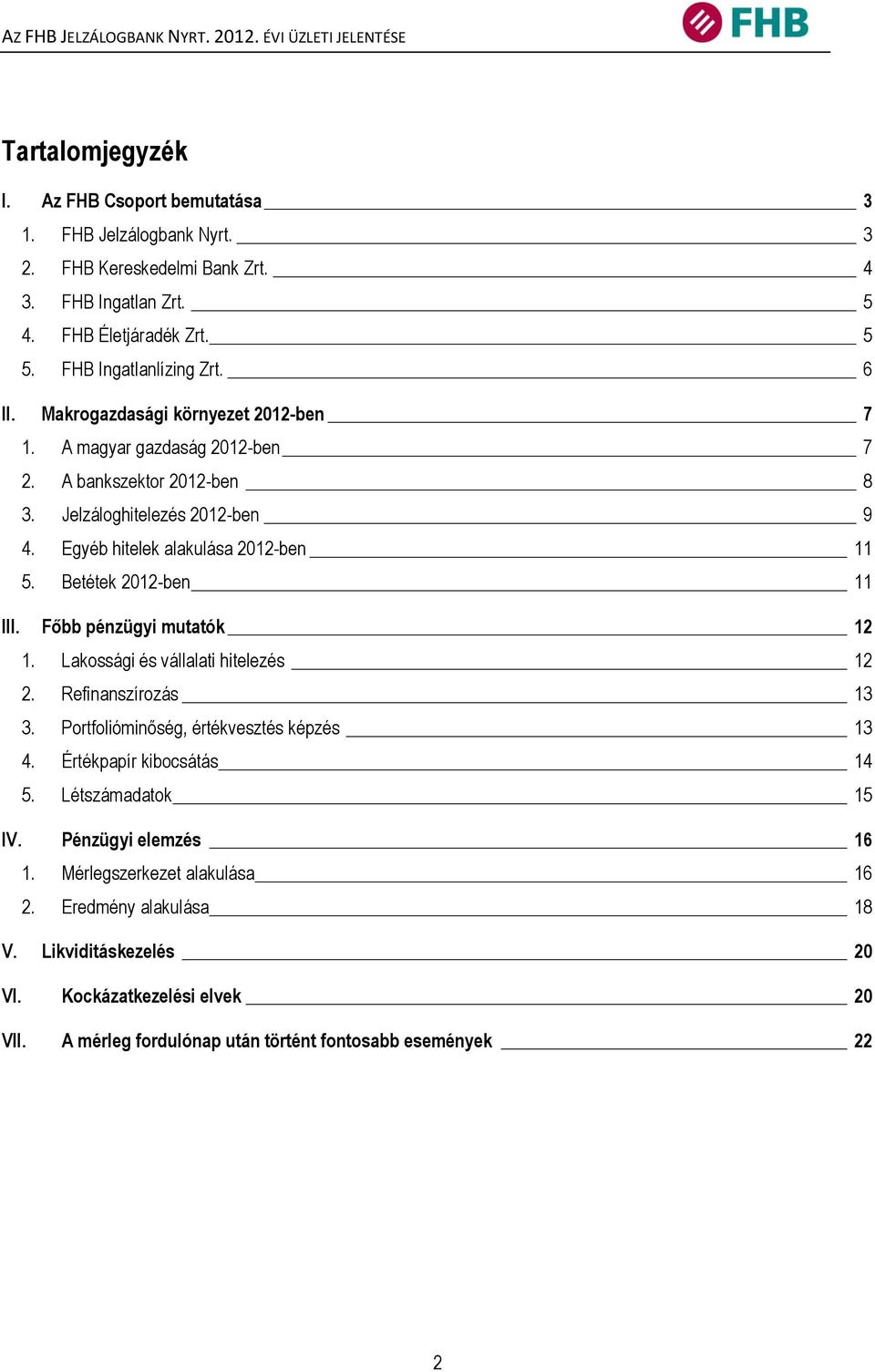 Egyéb hitelek alakulása 2012-ben 11 5. Betétek 2012-ben 11 III. Főbb pénzügyi mutatók 12 1. Lakossági és vállalati hitelezés 12 2. Refinanszírozás 13 3. Portfolióminőség, értékvesztés képzés 13 4.