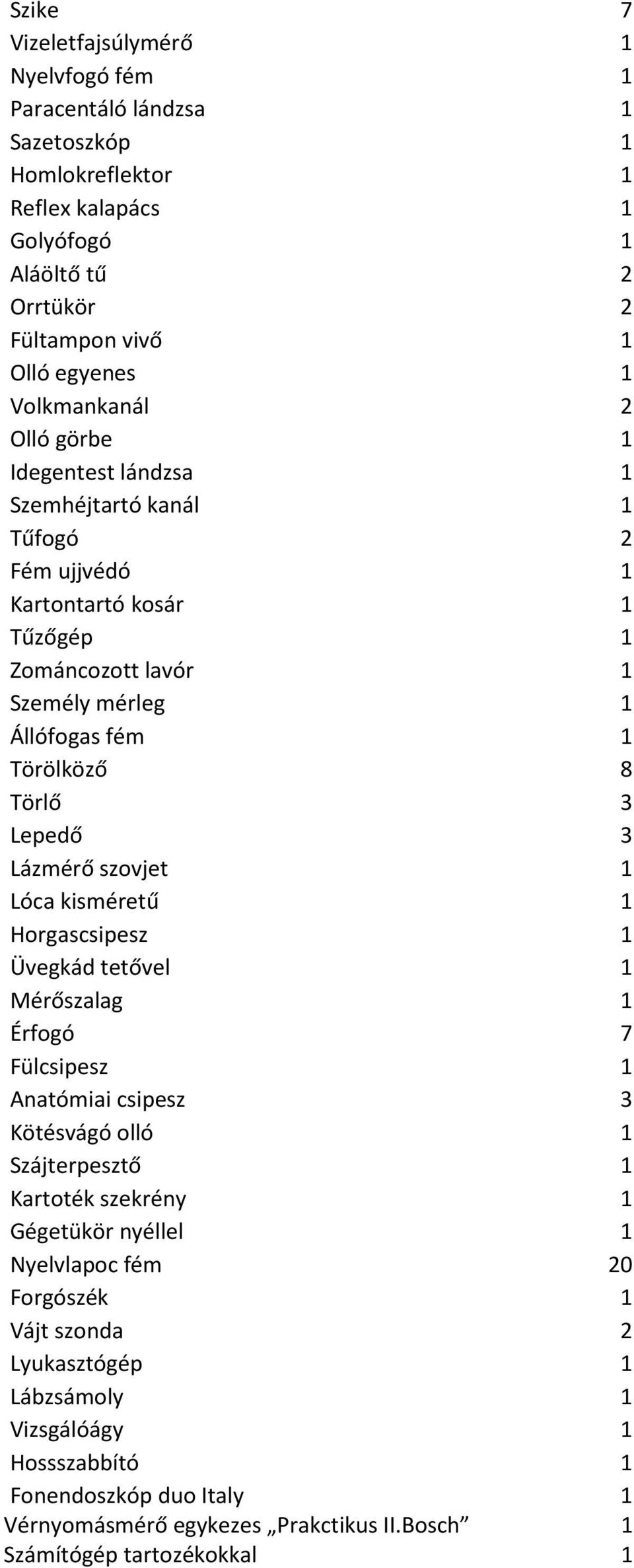 Lepedő 3 Lázmérő szovjet 1 Lóca kisméretű 1 Horgascsipesz 1 Üvegkád tetővel 1 Mérőszalag 1 Érfogó 7 Fülcsipesz 1 Anatómiai csipesz 3 Kötésvágó olló 1 Szájterpesztő 1 Kartoték szekrény 1 Gégetükör