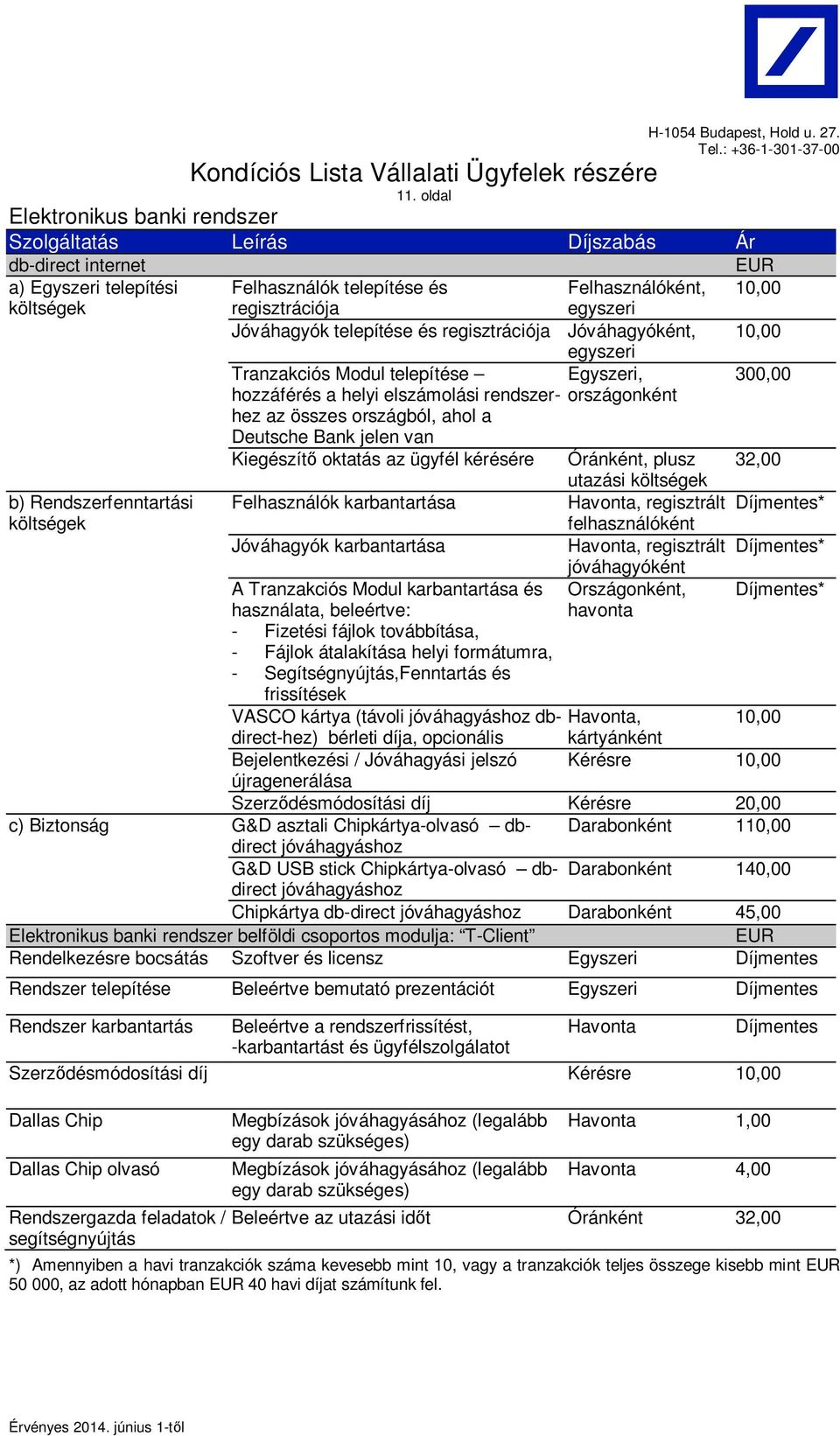 Deutsche Bank jelen van b) Rendszerfenntartási költségek Kiegészít oktatás az ügyfél kérésére Felhasználók karbantartása Jóváhagyók karbantartása A Tranzakciós Modul karbantartása és használata,