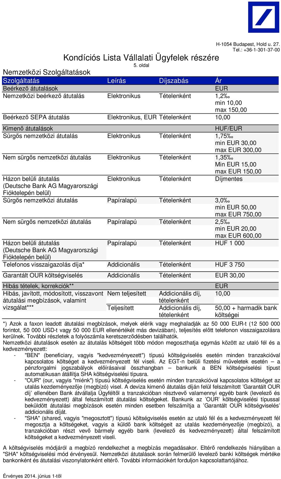 15,00 max 150,00 Házon belüli átutalás Elektronikus Tételenként Díjmentes (Deutsche Bank AG Magyarországi Fióktelepén belül) Sürg s nemzetközi átutalás Papíralapú Tételenként 3,0 min 50,00 max 750,00
