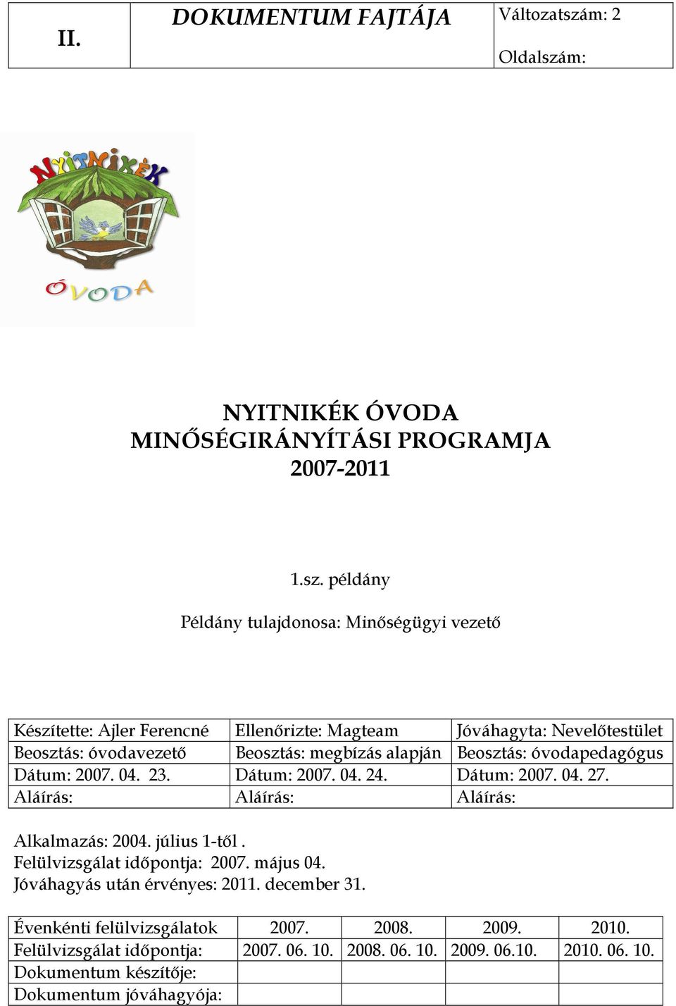 m: NYITNIKÉK ÓVODA MINİSÉGIRÁNYÍTÁSI PROGRAMJA 2007-2011 1.sz.