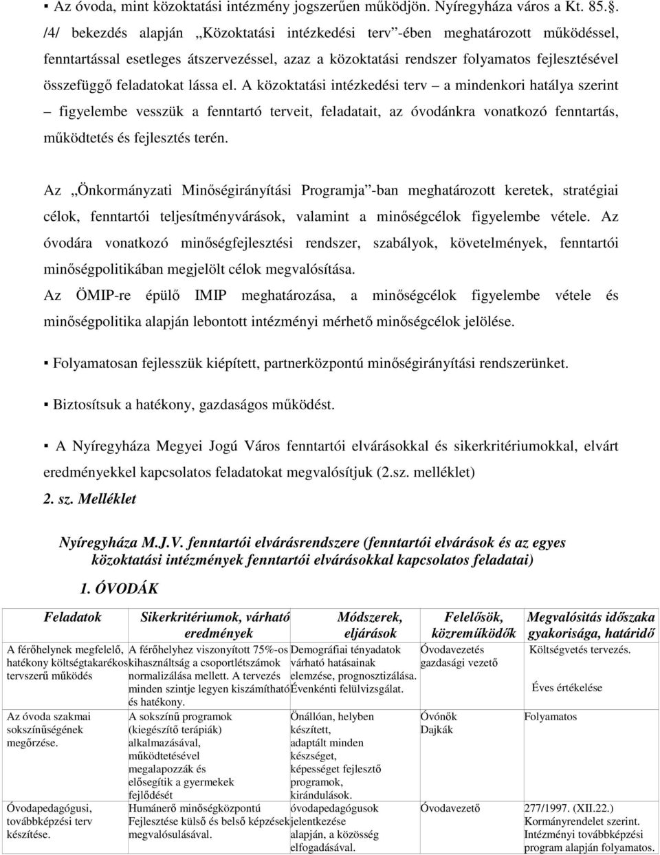 feladatokat lássa el. A közoktatási intézkedési terv a mindenkori hatálya szerint figyelembe vesszük a fenntartó terveit, feladatait, az óvodánkra vonatkozó fenntartás, mőködtetés és fejlesztés terén.