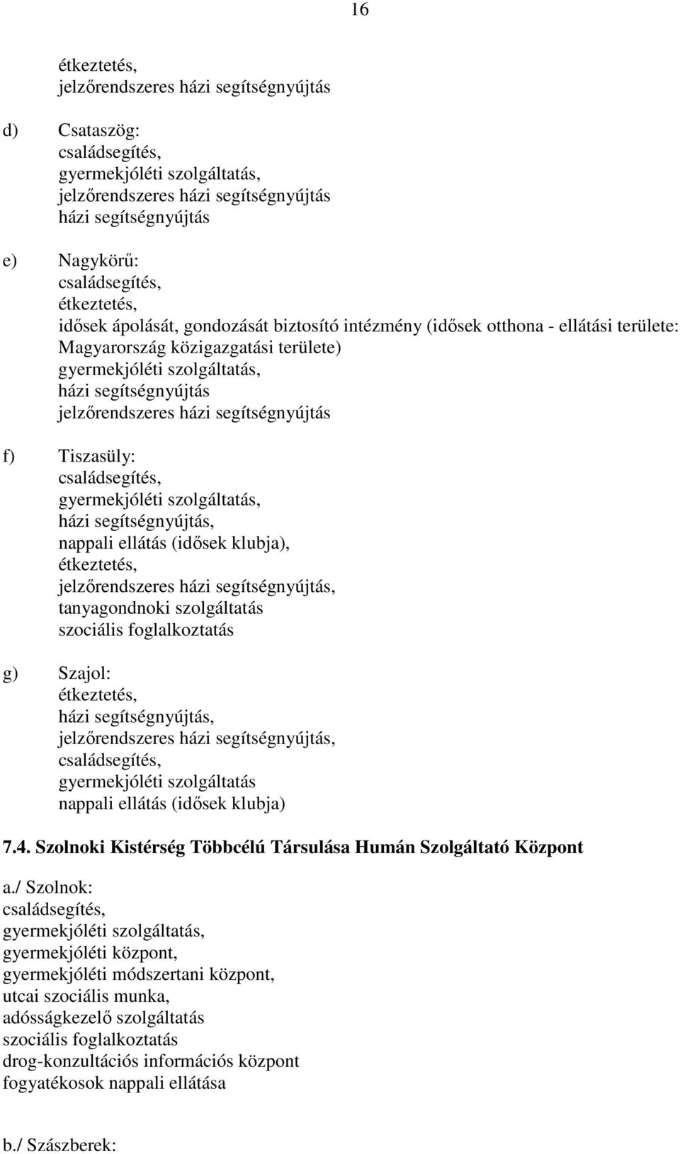 klubja), étkeztetés, jelzőrendszeres házi segítségnyújtás, tanyagondnoki szolgáltatás szociális foglalkoztatás g) Szajol: étkeztetés, házi segítségnyújtás, jelzőrendszeres házi segítségnyújtás,