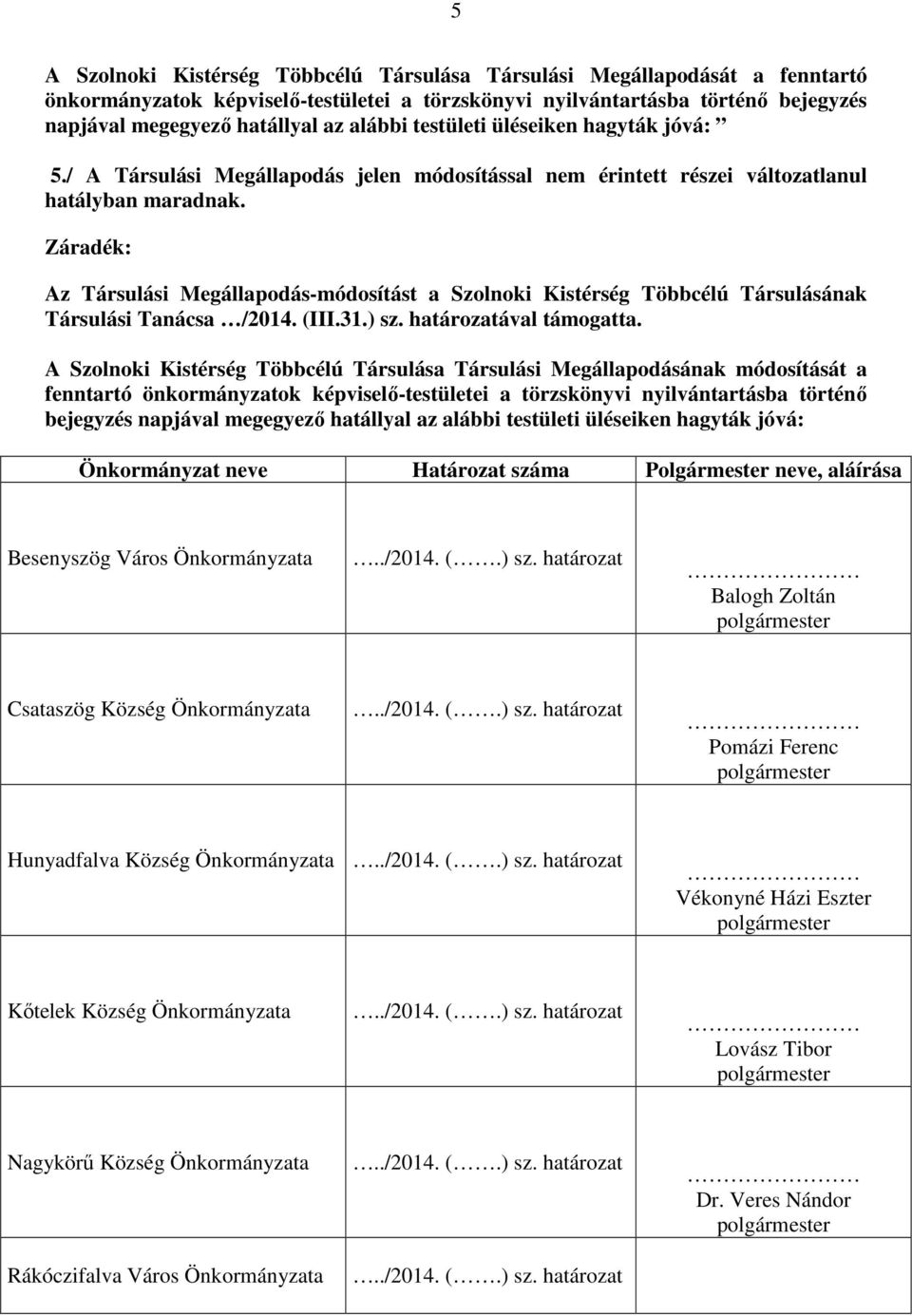 Záradék: Az Társulási Megállapodás-módosítást a Szolnoki Kistérség Többcélú Társulásának Társulási Tanácsa /2014. (III.31.) sz. határozatával támogatta.