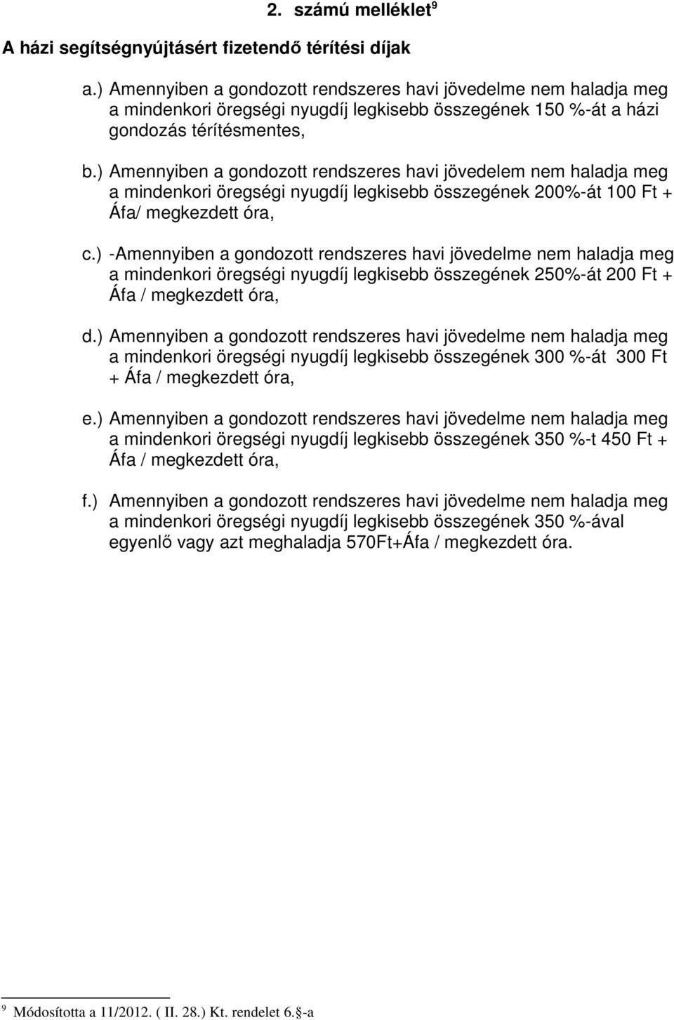 ) Amennyiben a gondozott rendszeres havi jövedelem nem haladja meg a mindenkori öregségi nyugdíj legkisebb összegének 200%-át 100 Ft + Áfa/ megkezdett óra, c.