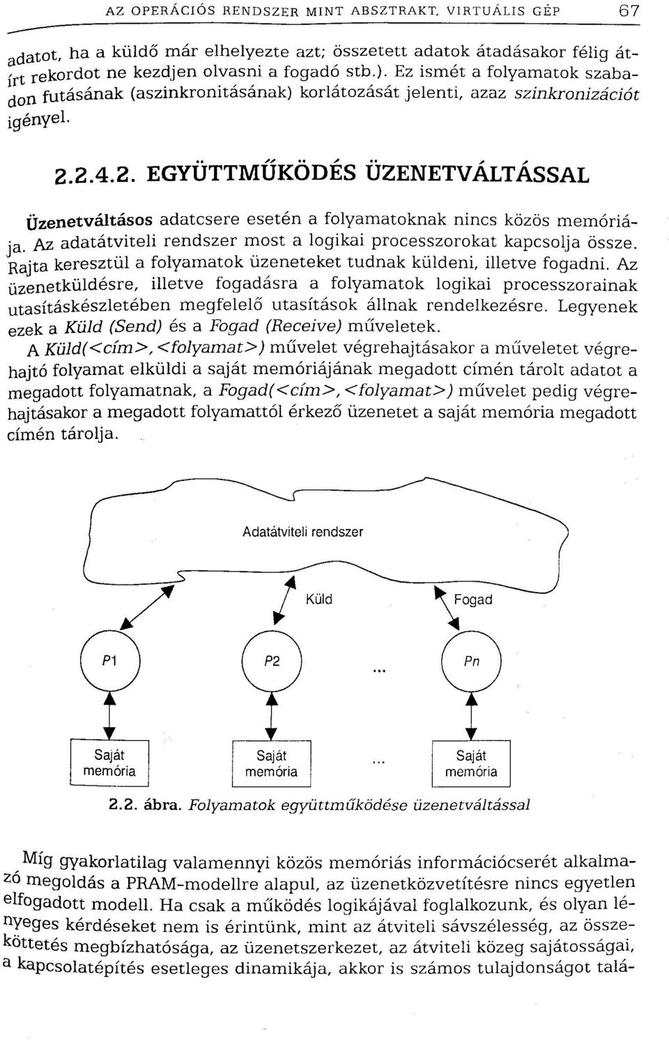 2.4.2. EGYÜTTMŰKÖDÉS ÜZENETVÁLTÁSSAL Üzenetváltásos adatcsere esetén a folyamatoknak nincs közös memóriája. Az adatátviteli rendszer most a logikai processzorokat kapcsolja össze.