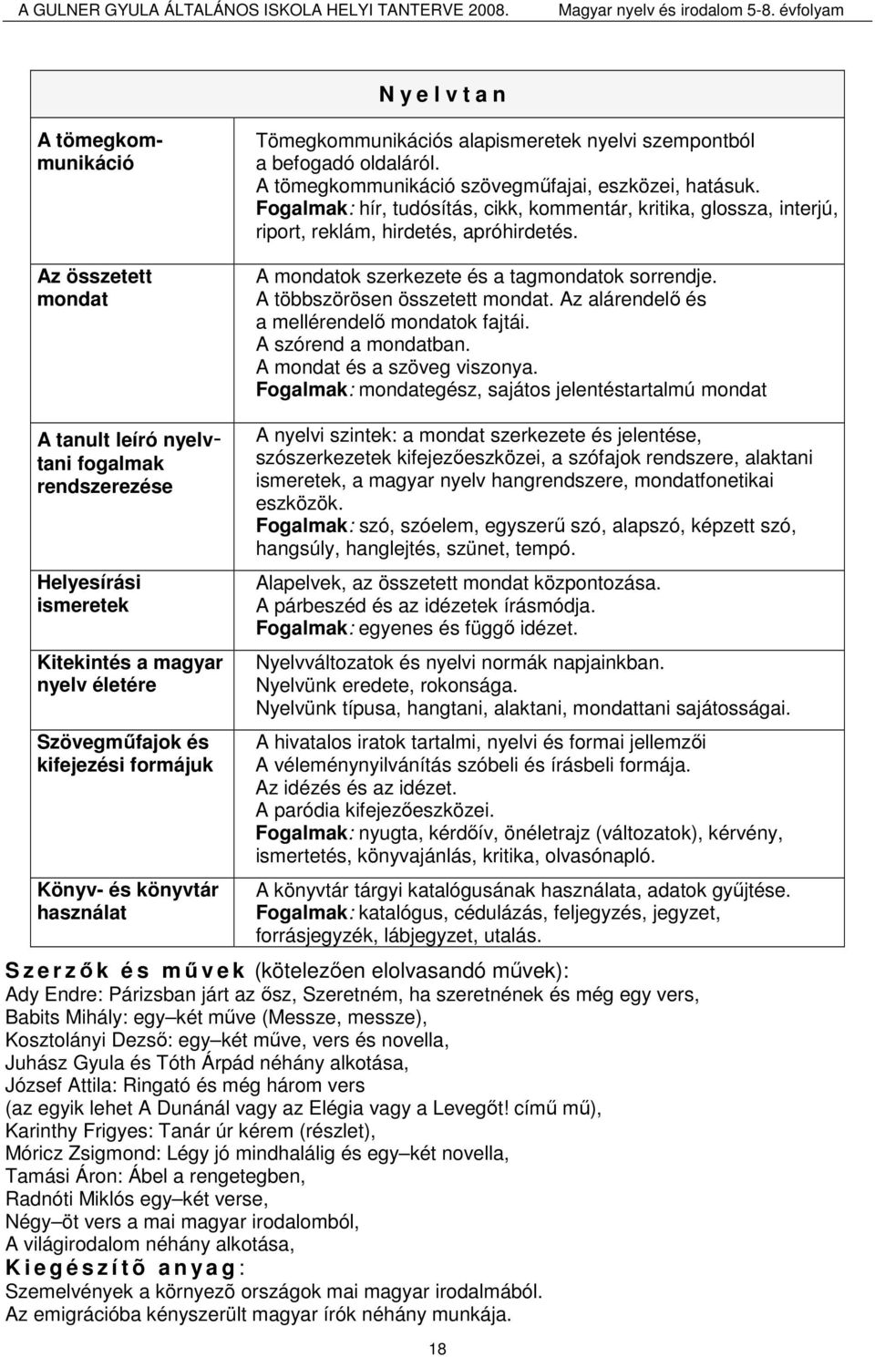 Az alárendelı és a mellérendelı mondatok fajtái. A szórend a mondatban. A mondat és a szöveg viszonya.