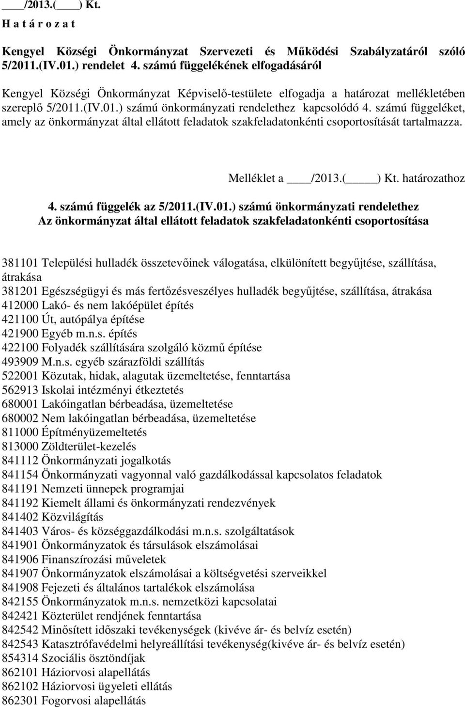 számú függeléket, amely az önkormányzat által ellátott feladatok szakfeladatonkénti csoportosítását tartalmazza. Melléklet a /2013