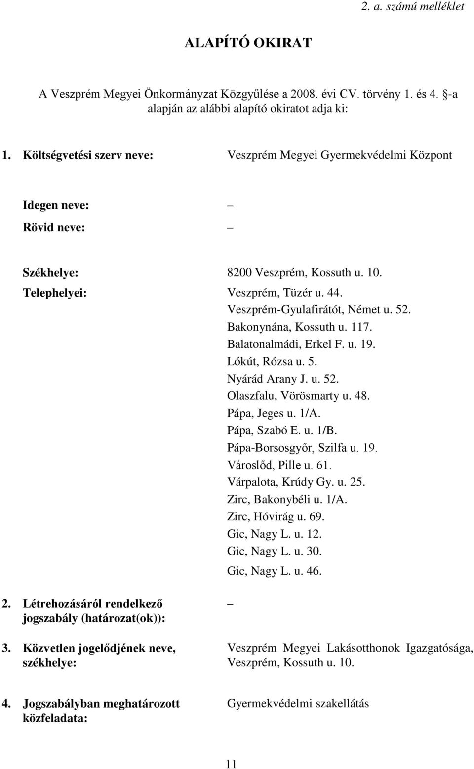 52. Bakonynána, Kossuth u. 117. Balatonalmádi, Erkel F. u. 19. Lókút, Rózsa u. 5. Nyárád Arany J. u. 52. Olaszfalu, Vörösmarty u. 48. Pápa, Jeges u. 1/A. Pápa, Szabó E. u. 1/B.