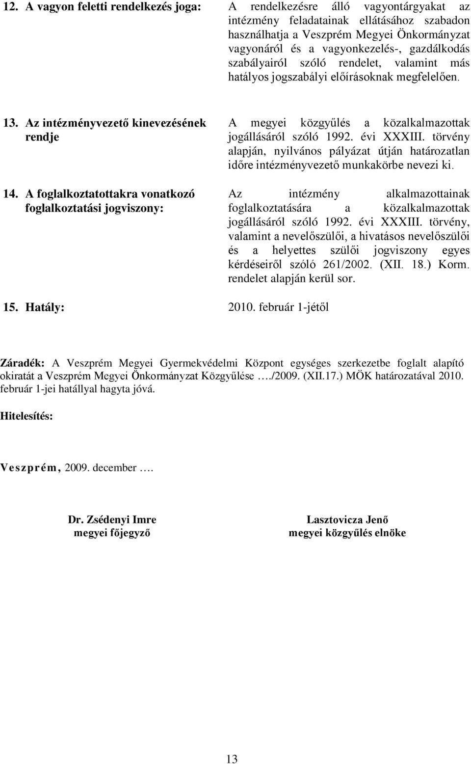 A foglalkoztatottakra vonatkozó foglalkoztatási jogviszony: A megyei közgyűlés a közalkalmazottak jogállásáról szóló 1992. évi XXXIII.