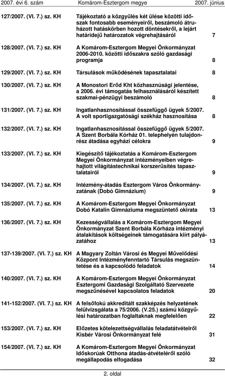 KH A Komárom-Esztergom Megyei Önkormányzat 2006-2010. közötti idıszakra szóló gazdasági programja 8 129/2007. (VI. 7.) sz. KH Társulások mőködésének tapasztalatai 8 130/2007. (VI. 7.) sz. KH A Monostori Erıd Kht közhasznúsági jelentése, a 2006.