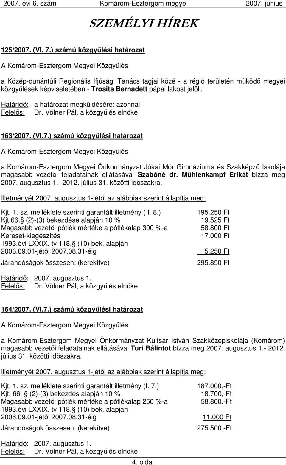 Határidı: a határozat megküldésére: azonnal 163/2007.