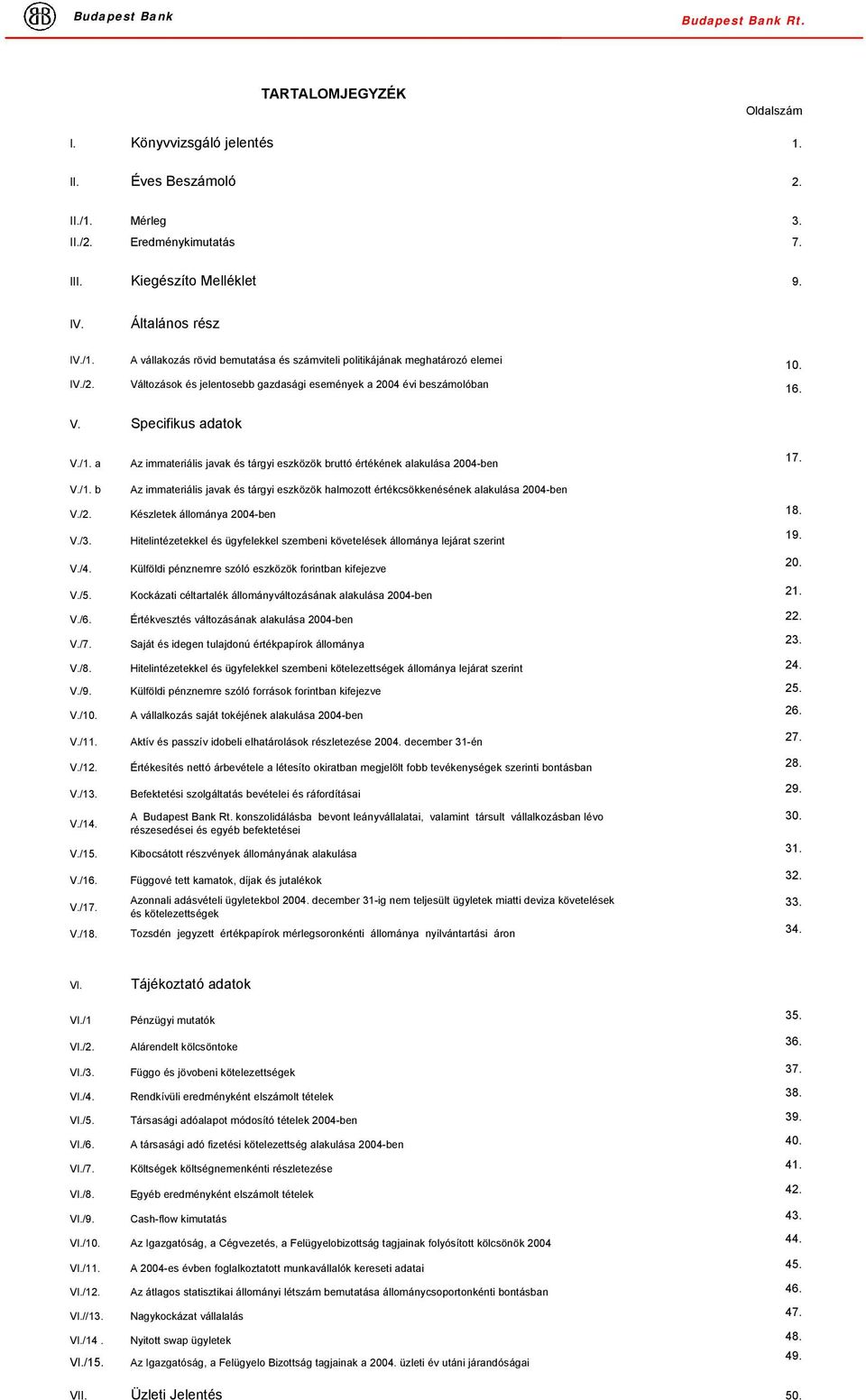 A vállakozás rövid bemutatása és számviteli politikájának meghatározó elemei Változások és jelentosebb gazdasági események a 2004 évi beszámolóban 10. 16. V. Specifikus adatok V./1.