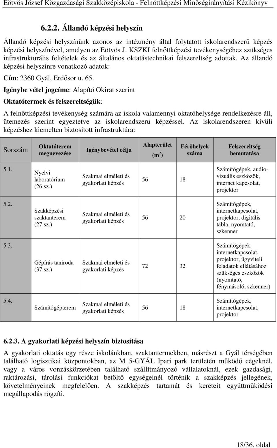 Az állandó képzési helyszínre vonatkozó adatok: Cím: 2360 Gyál, Erdısor u. 65.