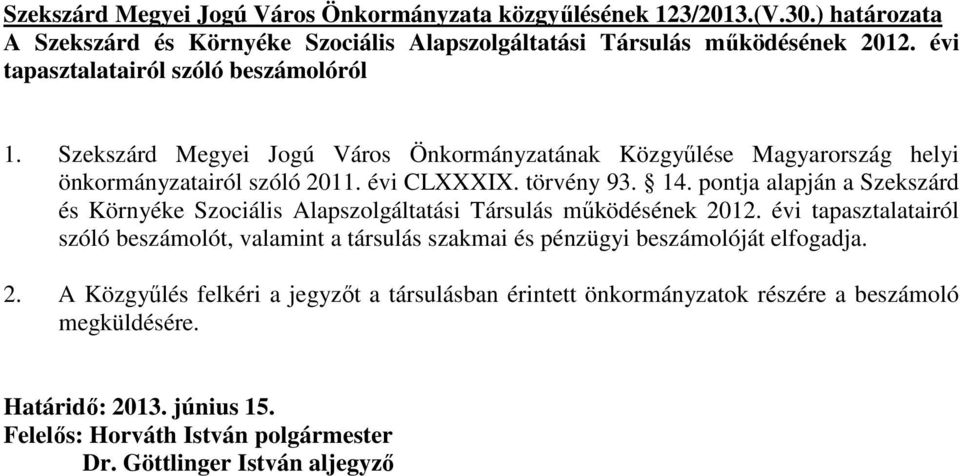 14. pontja alapján a Szekszárd és Környéke Szociális Alapszolgáltatási Társulás mőködésének 2012.