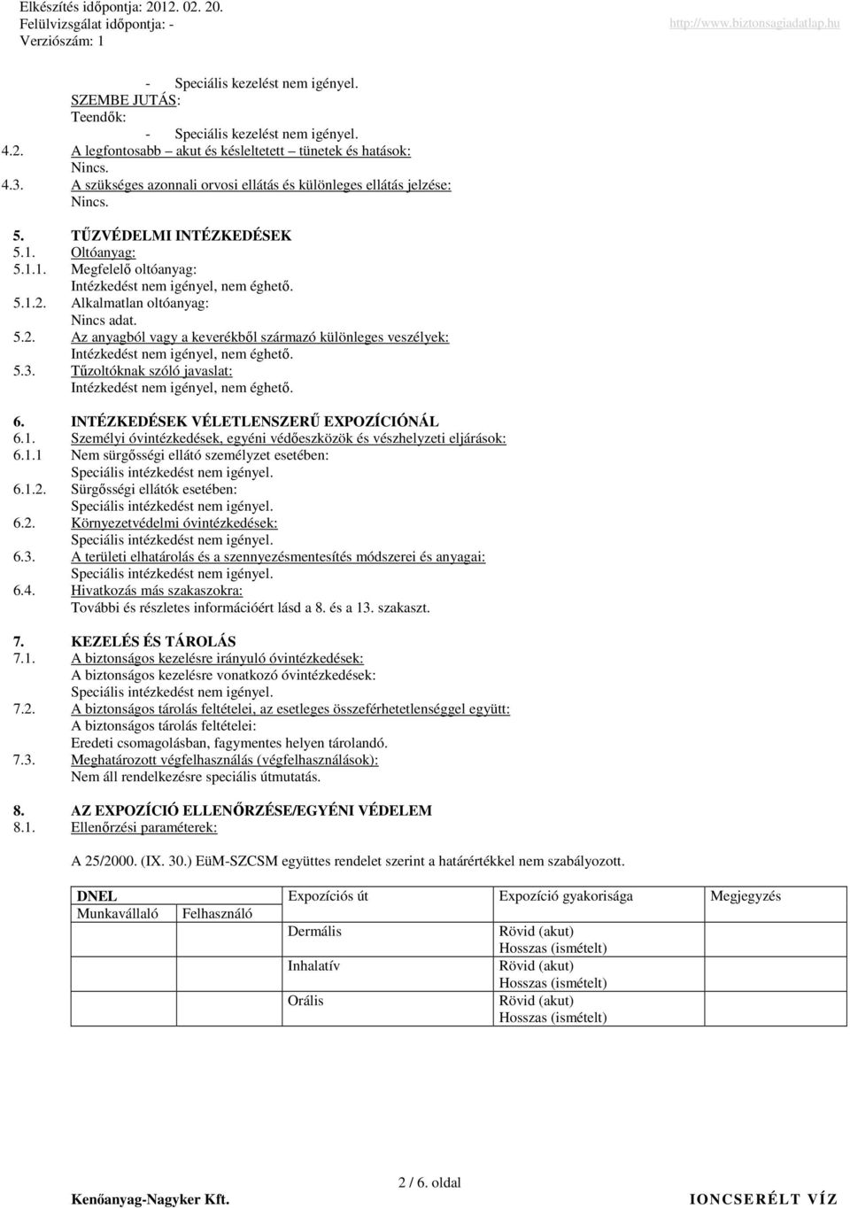 Alkalmatlan oltóanyag: Nincs adat. 5.2. Az anyagból vagy a keverékbıl származó különleges veszélyek: Intézkedést nem igényel, nem éghetı. 5.3.