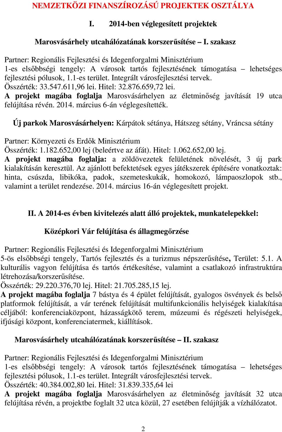 Integrált városfejlesztési tervek. Összérték: 33.547.611,96 lei. Hitel: 32.876.659,72 lei. A projekt magába foglalja Marosvásárhelyen az életminőség javítását 19 utca felújítása révén. 2014.