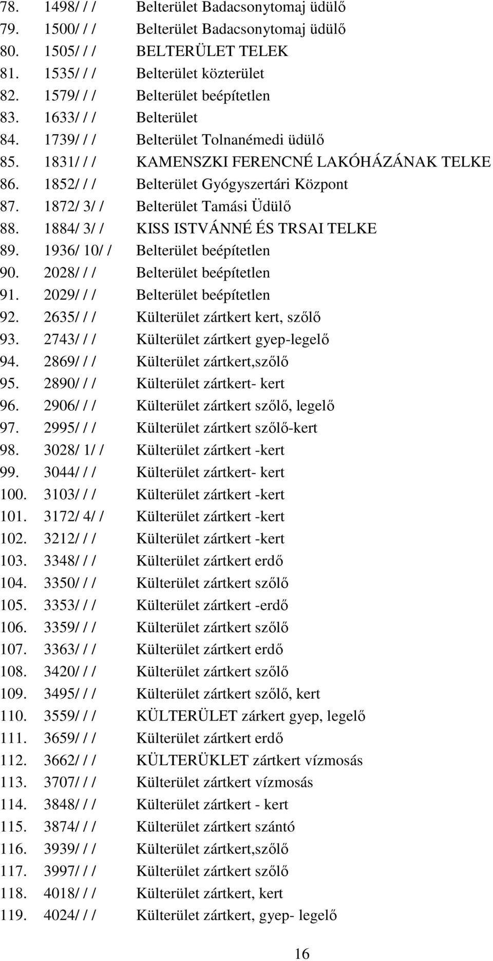 1872/ 3/ / Belterület Tamási Üdülő 88. 1884/ 3/ / KISS ISTVÁNNÉ ÉS TRSAI TELKE 89. 1936/ 10/ / Belterület beépítetlen 90. 2028/ / / Belterület beépítetlen 91. 2029/ / / Belterület beépítetlen 92.