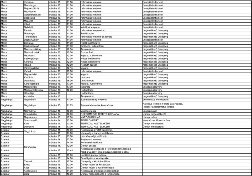 11:00 református templom ünnepi istentisztelet Maros Csekelaka március 16. 11:00 református templom ünnepi istentisztelet Maros Mezőzáh március 16.