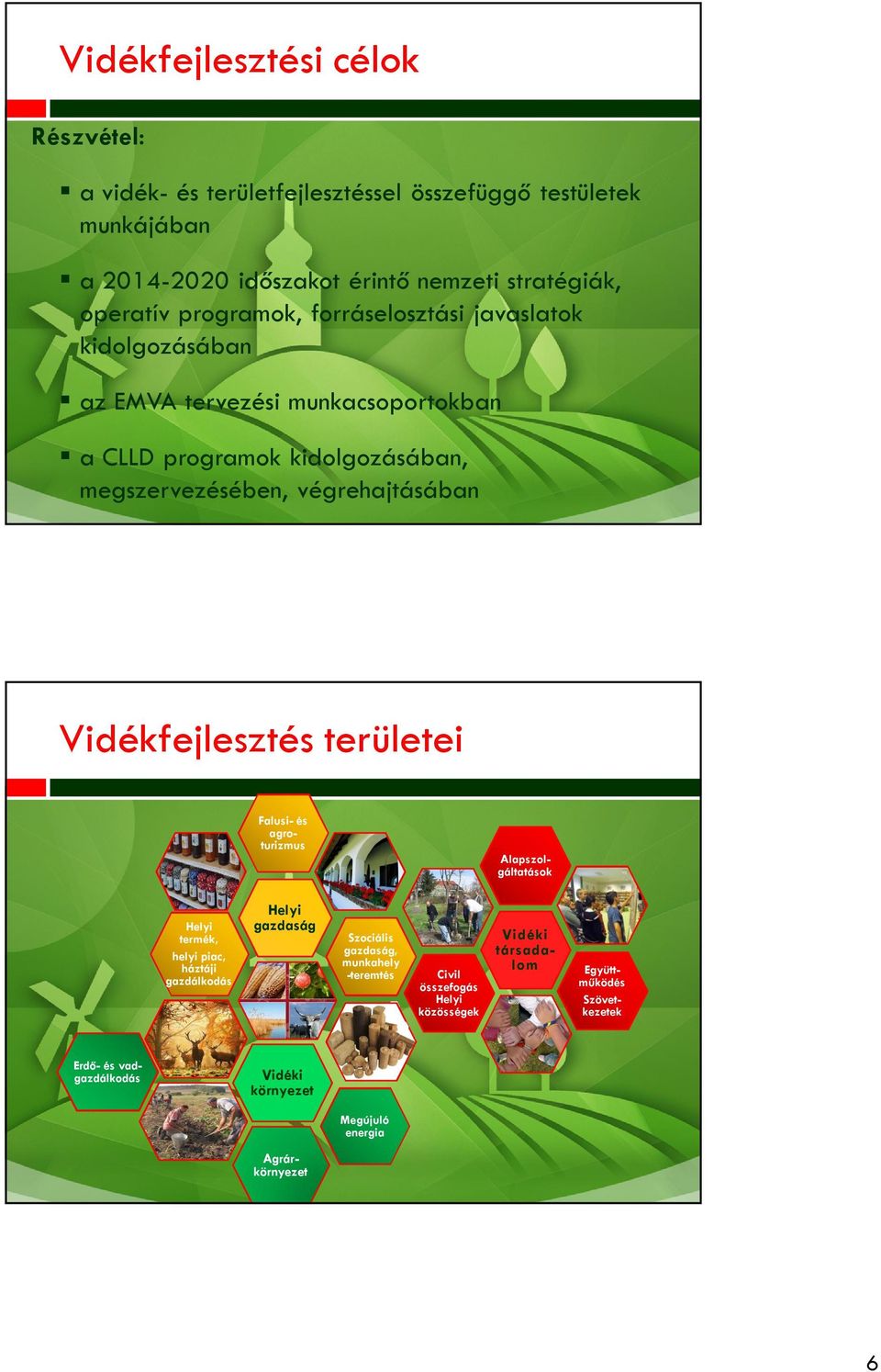 Vidékfejlesztés területei Falusi- és agroturizmus Alapszolgáltatások Helyi termék, helyi piac, háztáji gazdálkodás Erdő- és vadgazdálkodás Helyi gazdaság