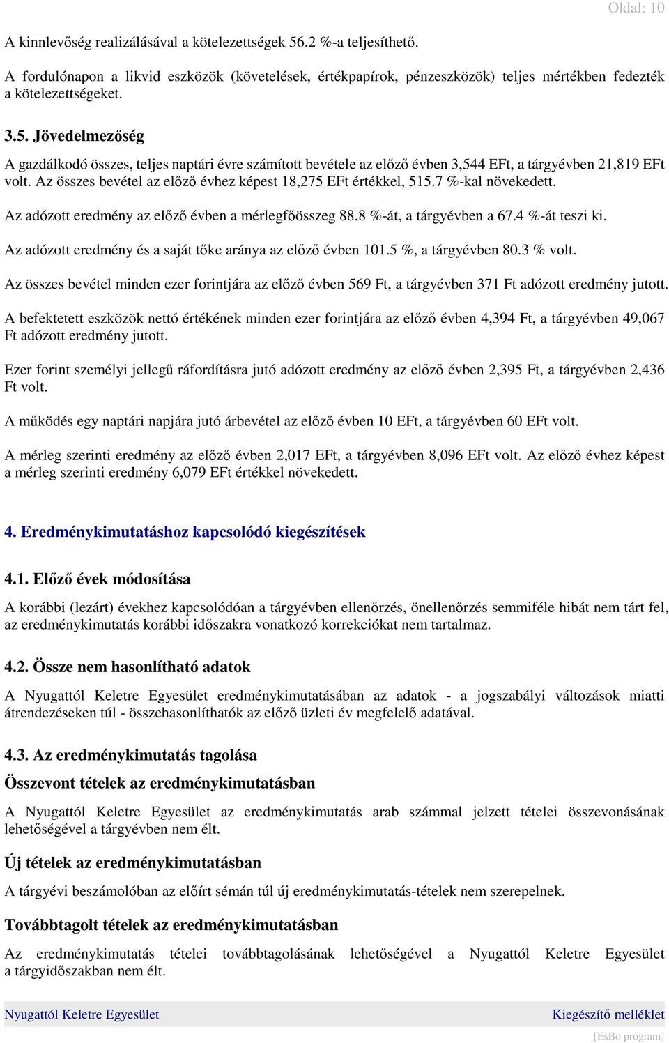 Jövedelmezőség A gazdálkodó összes, teljes naptári évre számított bevétele az előző évben 3,544 EFt, a tárgyévben 21,819 EFt volt. Az összes bevétel az előző évhez képest 18,275 EFt értékkel, 515.