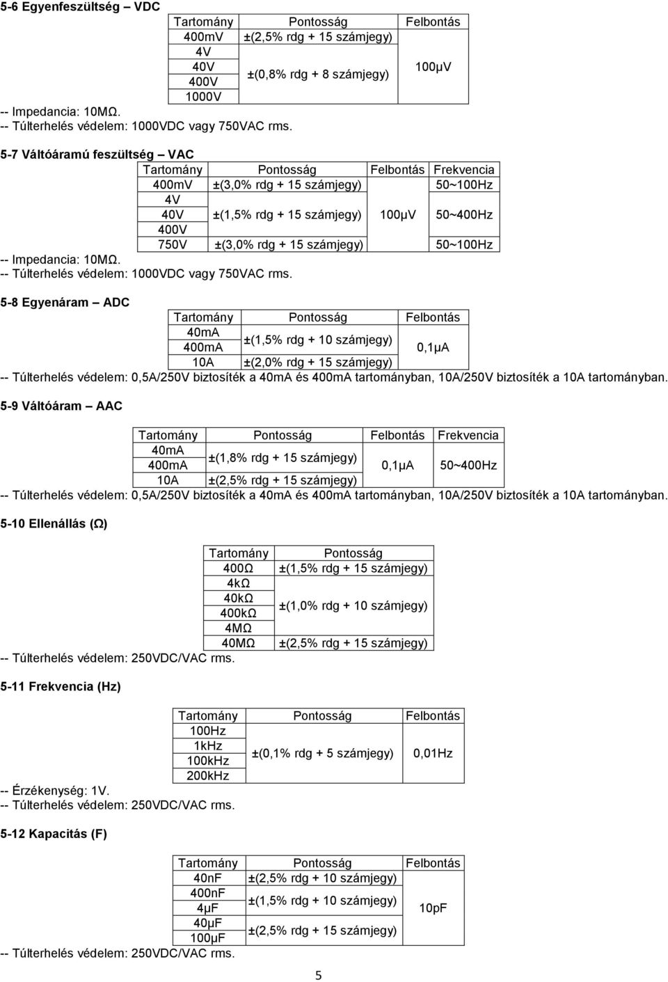 5-7 Váltóáramú feszültség VAC Tartomány Pontosság Felbontás Frekvencia 400mV ±(3,0% rdg + 15 számjegy) 50~100Hz 4V 40V 400V 750V ±(1,5% rdg + 15 számjegy) ±(3,0% rdg + 15 számjegy) 100µV 50~400Hz