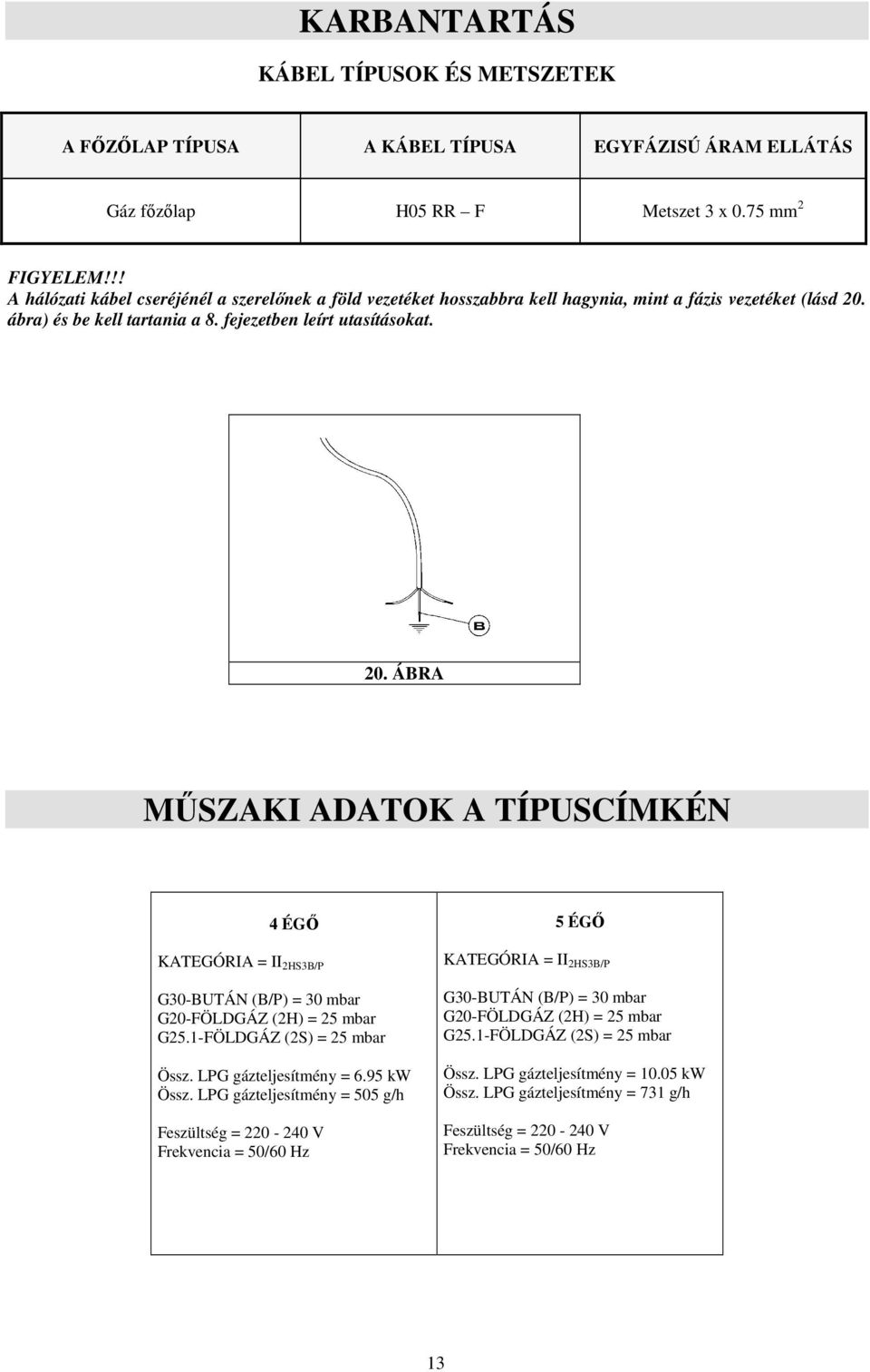 ábra) és be kell tartania a 8. fejezetben leírt utasításokat. 20. ÁBRA MŐSZAKI ADATOK A TÍPUSCÍMKÉN 4 ÉGİ KATEGÓRIA = II 2HS3B/P G30-BUTÁN (B/P) = 30 mbar G20-FÖLDGÁZ (2H) = mbar G.