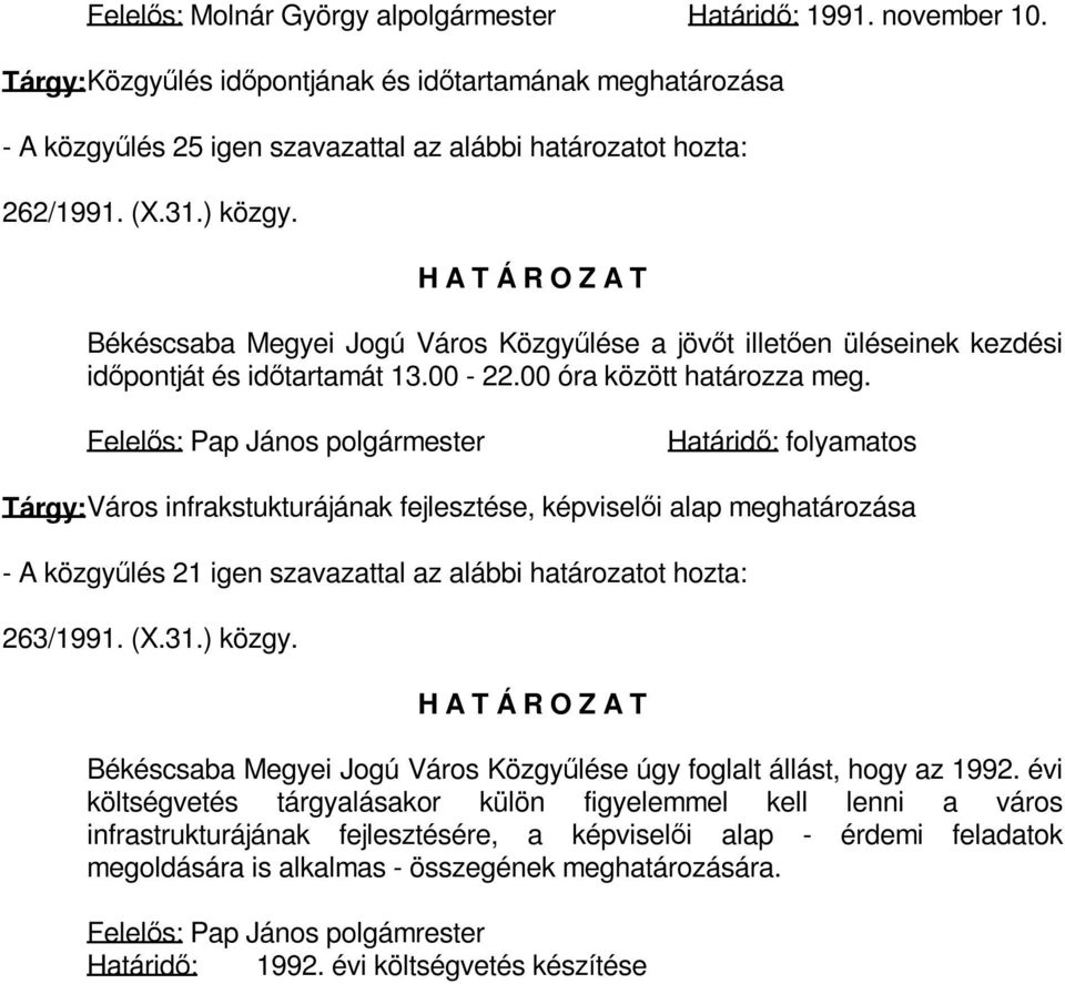 Felelős: Pap János polgármester Határidő: folyamatos Tárgy: Város infrakstukturájának fejlesztése, képviselői alap meghatározása - A közgyűlés 21 igen szavazattal az alábbi 263/1991. (X.31.) közgy.