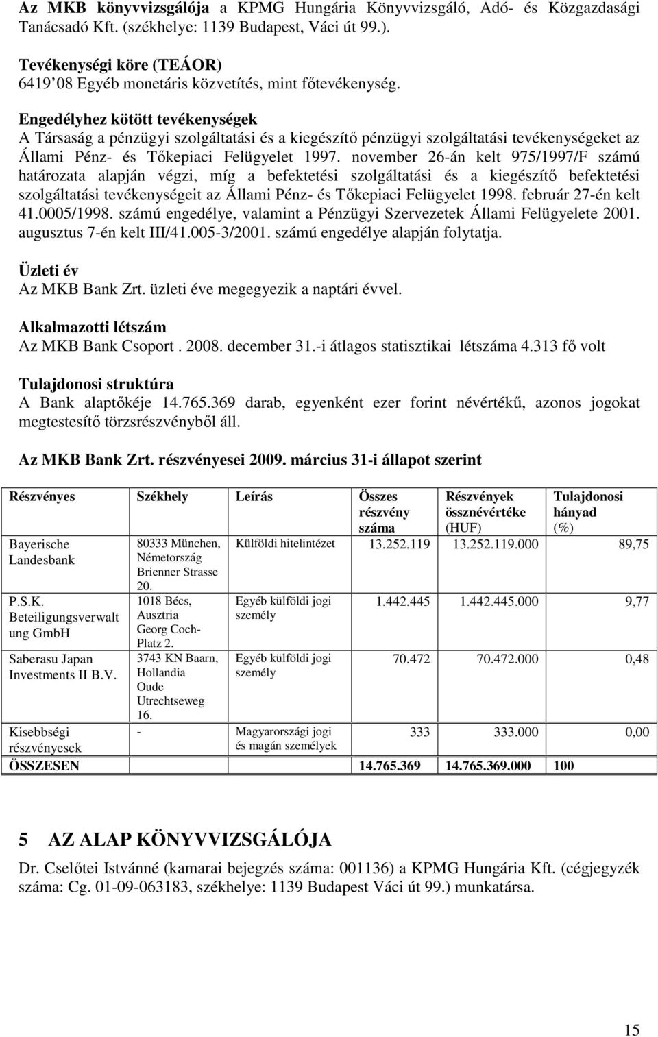 Engedélyhez kötött tevékenységek A Társaság a pénzügyi szolgáltatási és a kiegészítı pénzügyi szolgáltatási tevékenységeket az Állami Pénz- és Tıkepiaci Felügyelet 1997.