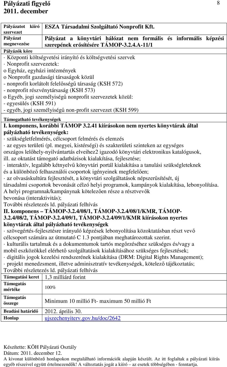 (KSH 572) - nonprofit részvénytársaság (KSH 573) o Egyéb, jogi személyiségű nonprofit szervezetek közül: - egyesülés (KSH 591) - egyéb, jogi személyiségű non-profit szervezet (KSH 599) I.