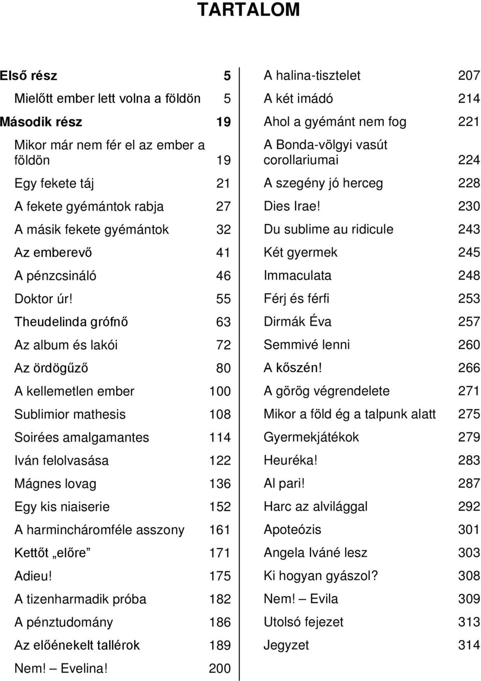 55 Theudelinda grófnő 63 Az album és lakói 72 Az ördögűző 80 A kellemetlen ember 100 Sublimior mathesis 108 Soirées amalgamantes 114 Iván felolvasása 122 Mágnes lovag 136 Egy kis niaiserie 152 A