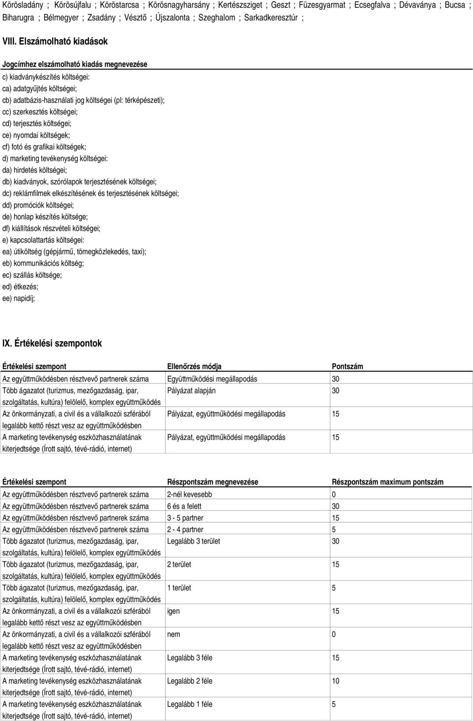 Elszámolható kiadások Jogcímhez elszámolható kiadás megnevezése c) kiadványkészítés költségei: ca) adatgyűjtés költségei; cb) adatbázishasználati jog költségei (pl: térképészeti); cc) szerkesztés