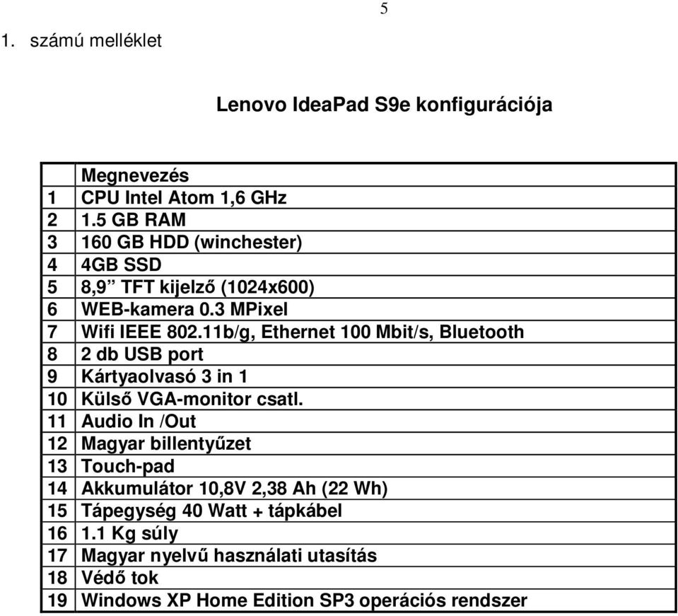 11b/g, Ethernet 100 Mbit/s, Bluetooth 8 2 db USB port 9 Kártyaolvasó 3 in 1 10 Külsı VGA-monitor csatl.